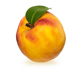 ripe peach fruit with green leafs isolated on white background