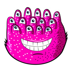 The head of a monster. The monster smiles, he has many eyes and pimples on his skin.