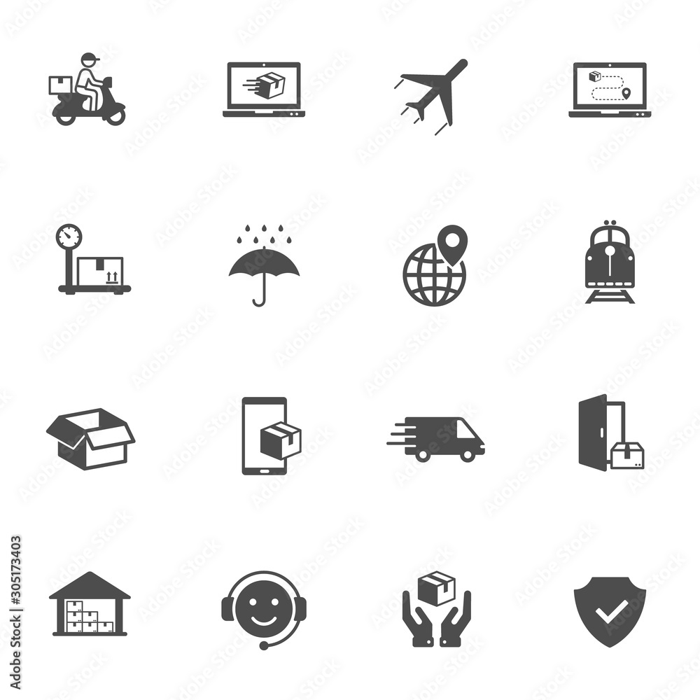 Poster shipping and delivery vector icons isolated on white background. express delivery and global logisti