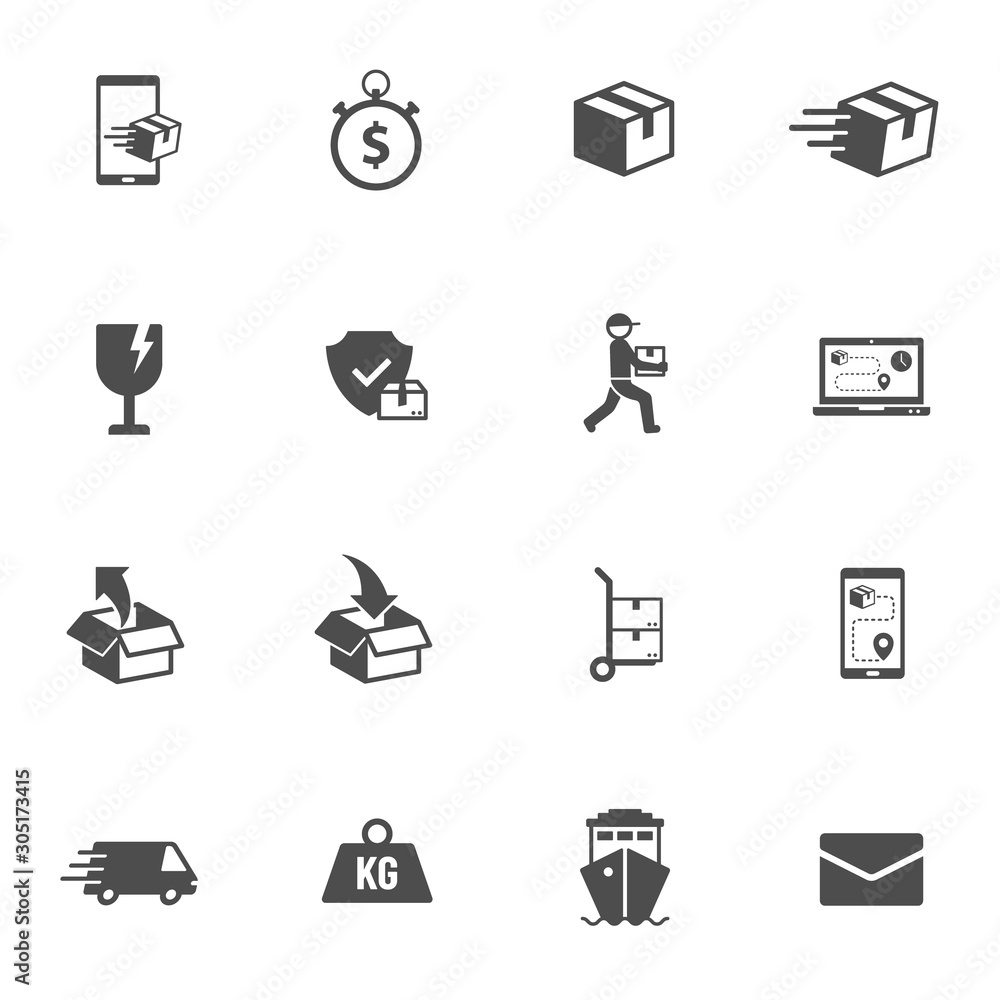 Poster shipping and delivery vector icons isolated on white background. express delivery and global logisti