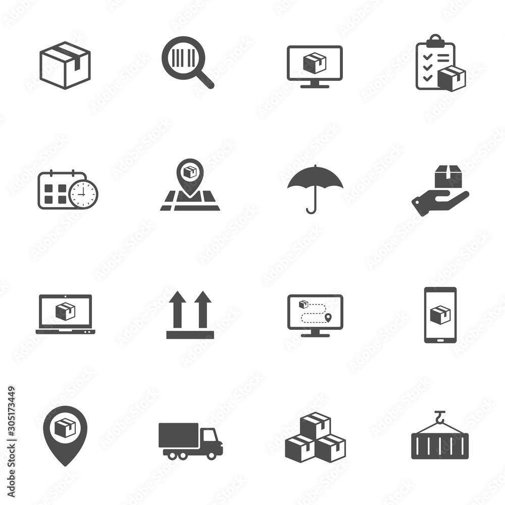 Poster shipping and delivery vector icons isolated on white background. express delivery and global logisti