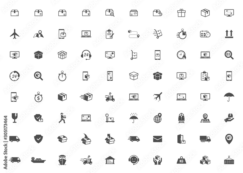 Poster shipping and delivery vector icons isolated on white background. express delivery and global logisti