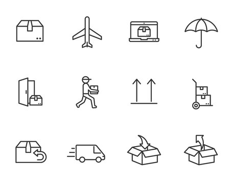 Shipping and delivery outline vector icons isolated on white background. Express delivery and global logistics line icons for web, mobile apps and ui design