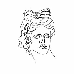 Apollo vector marble head. Work of art of ancient Greece era. Illustration God of light and male beauty on white isolated background hand drawn style line. Design for web and printing.