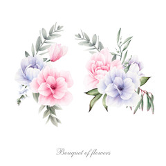 Cyclamen, peonies and leaves. Flowers and leaves, can be used as greeting card, invitation card for wedding, birthday and other holiday and  summer background. Bouquets of flowers, watercolor