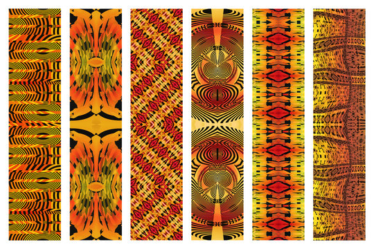Mood board of colored African fabrics, isolated, white background
