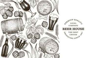 Beer and hop design template. Hand drawn vector brewery illustration. Engraved style. Retro brewing illustration.