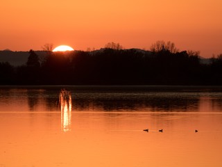 sunset over the ptujsko jezero dam on drava river in Ptuj in Slovenia