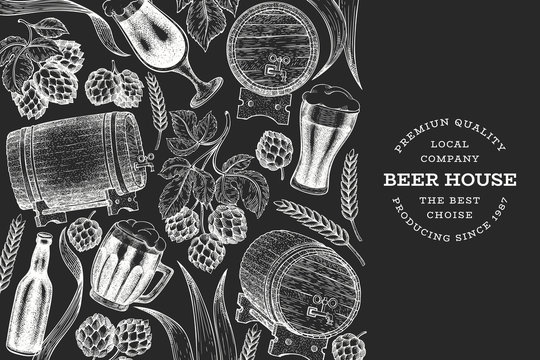 Beer and hop design template. Hand drawn vector brewery illustration on chalk board. Engraved style. Retro brewing illustration.