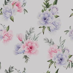 Seamless floral pattern with flowers on light background, watercolor. Template design for textiles, interior, clothes, wallpaper. Botanical art