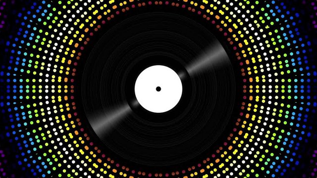 Spinning vinyl disc on abstract moving background. Seamless looping footage.