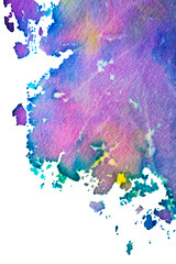 Closeup watercolor splatter on white background. The spot is purple-pink.