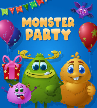 Cute monster party poster with fantasy cartoon creatures portrait holding balloons and gifts. Colorful vector holiday image for kids on blue background.