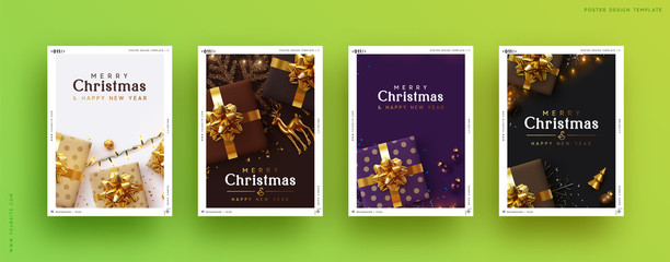 Set of Christmas and New Year holiday gift cards. Xmas banners, web poster, flyers and brochures, greeting cards, group bright covers. Design with realistic Christmas decoration objects.
