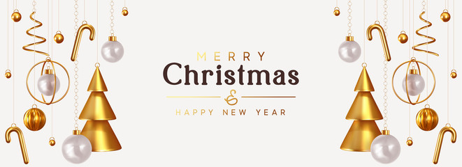 Christmas and New Year background. Conical Abstract Gold Christmas Trees. Xmas Balls hanging on ribbon. Bright Winter holiday composition. Greeting card, banner, poster
