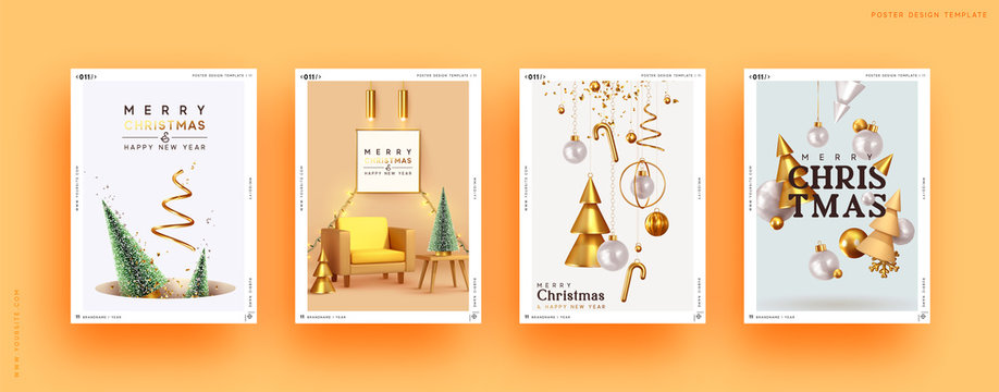Set of Christmas and New Year holiday gift cards. Xmas banners, web poster, flyers and brochures, greeting cards, group bright covers. Design with realistic Christmas decoration objects.