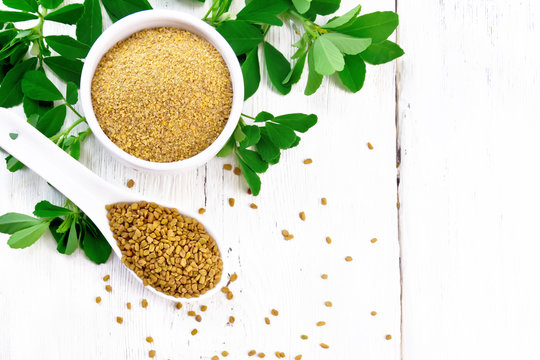 Fenugreek in spoon and bowl with leaves on board top