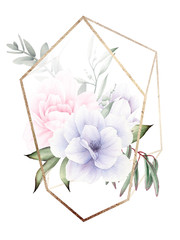 Bouquet in a crystal. Greeting card with flowers and crystal, can be used as invitation card for wedding, birthday and other holiday and  summer background. Watercolor.