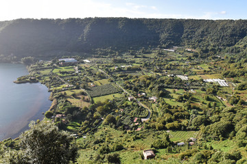 Panoramic view of the lake of Nemi from lovers terrace. A nice little town in the metropolitan city of Rome. Nemi, Lazio, Italy.