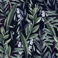 Obrazy na Szkle  Kwiatowy wzór z zielonymi liśćmi na ciemnym tle, akwarela. Projekt szablonu do tekstyliów, wnętrz, ubrań, tapet. Sztuka botaniczna