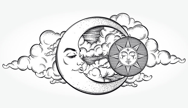 Vintage hand drawn moon, sun and night sky. Vector illustration for coloring book, t-shirts design, tattoo, art.Vector illustration.