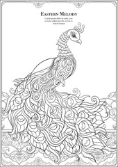 Fototapeta na wymiar Peacock and eastern ethnic motif, traditional muslim ornament. Coloring page for the adult coloring book. Outline hand drawing vector illustration..
