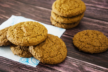 oatmeal cookies on a wooden table. Close-up.