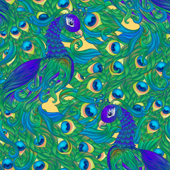 Fototapeta na wymiar Peacock bird seamless pattern, background. On aspen yellow background