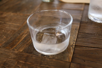 glass of water on wooden table