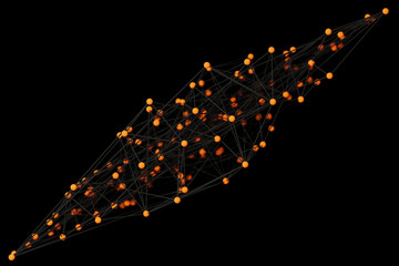 Abstract crypto science blockchain network concept background. 3d render of colorful orange balls connected by multiple lines. High volumetric image.