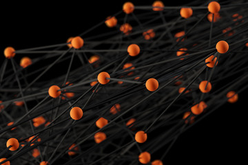 Abstract crypto science blockchain network concept background. 3d render of colorful orange balls connected by multiple lines. High volumetric image.