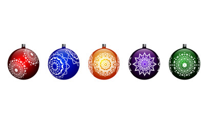 Collection of 5 vector christmas balls with snowflakes