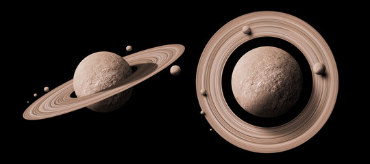 set saturn planets in deep space with rings  and moons surrounded. isolated on black - obrazy, fototapety, plakaty