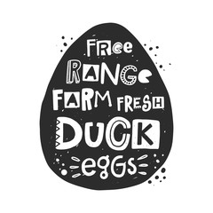 Fresh duck eggs banner template. Farm organic product silhouette. Healthy nutrition, natural dish stylized lettering with ink drops. Fast cooking meal, farmer market poster design element