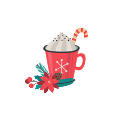 Red cup of hot chocolate and candy cane, Christmas bouquet of poinsettia, holly, cones, branches of fir-tree, isolated on white background. Holiday vector clipart for greeting cards, invitations.