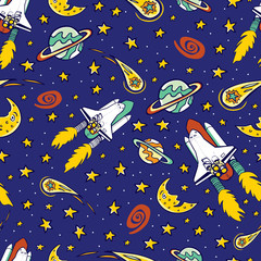 Vector blue space shuttle blast off with colorful stars, moon and comet repeat pattern. Great for kids wall murals and wrapping paper or fabric.