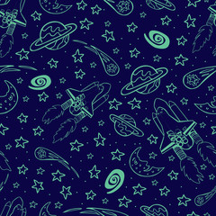 Vector blue outlines space shuttle blast off with stars, moon and comet monochrome repeat pattern. Great for kids wall murals and wrapping paper or fabric.