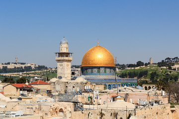 Islamic shrine Dome of the Rock with gold leaf on Temple Mount in Jerusalem Old City, Israel