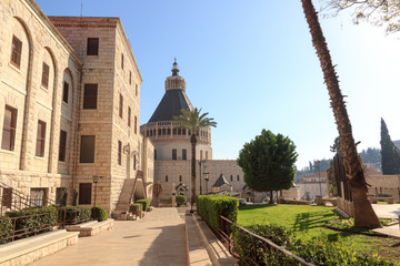 Fototapeta na wymiar Garden of the Basilica Church of the Annunciation in Nazareth, Israel