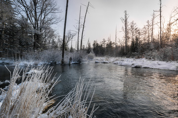 Winter Scenery of Forest, River and Lakes with Ice and snow at Dusk in Changbai Mountain, Jilin Province, China