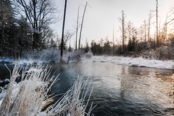 Winter Scenery of Forest, River and Lakes with Ice and snow at Dusk in Changbai Mountain, Jilin Province, China