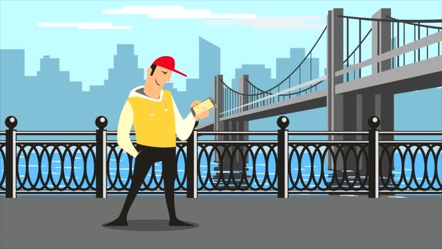 Trip. A man travels using a mobile application. Travel service concept, taxi, mobile maps app. Animation.