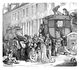 Stagecoach arrival 18th century, people embracing, families reunited, parcels and mail on delivery