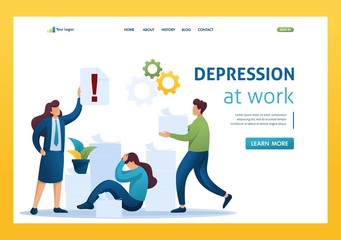 Stressful situation of the office, depression at work, a large number of reports. Flat 2D character. Landing page concepts and web design