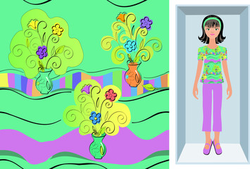 A brunette doll in bright pajamas with a hand-drawn pattern in a box is an example of using the pattern. Seamless vector floral background, flowers in a vase on a multi-colored striped tablecloth.