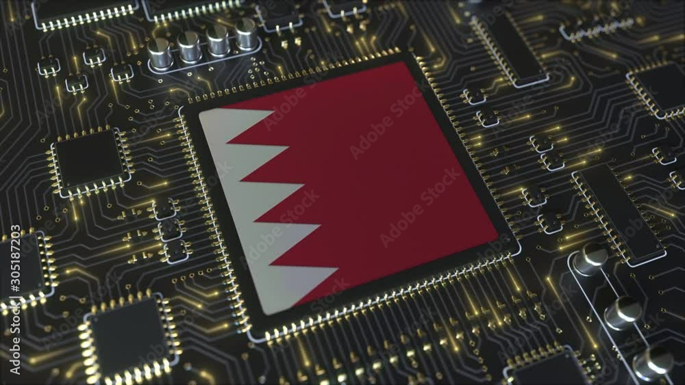 Poster national flag of bahrain on the operating chipset. bahraini information technology or hardware devel