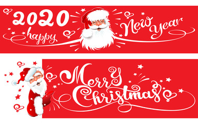 Fototapeta na wymiar 2020 Happy New Year, two greeting cards, banners in cartoon style for Your design. Happy Santa Claus on a red background and holiday lettering for the invitation, Christmas cards, posters. Vector art.