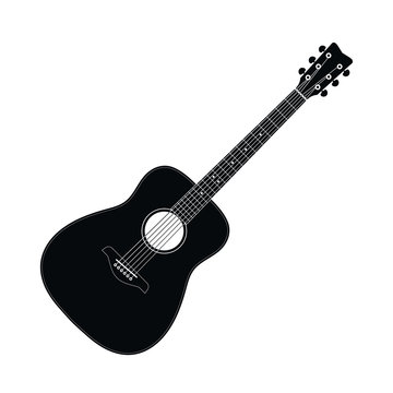 Flat style realistic acoustic guitar icon shape silhouette. Music instrument logo symbol sign. Vector illustration image. Isolated on white background. Outline grunge drawing.