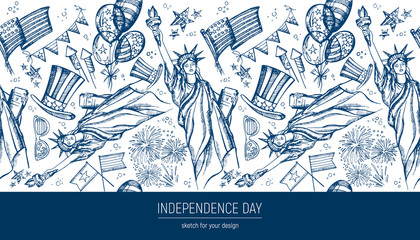 Seamless pattern 4th of July . Hand drawn vector illustrations. Independence Day background. USA national sketches. Material design for greeting card, flyer, banner, poster