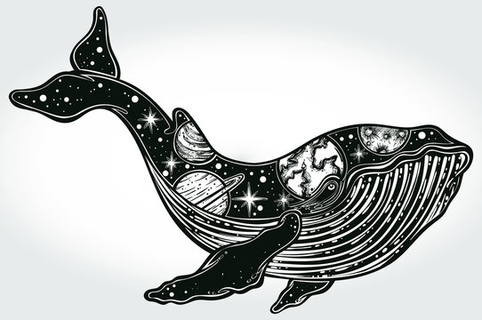 A drawn whale with solar system planets which are on its body. Tattoo art, graphic, t-shirt design, postcard, poster design, coloring books,spirituality, occultism. Vector illustration.
